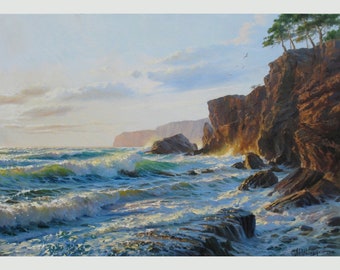 Original Seascape Oil Painting: Sunset Ocean Art by Alexander Shenderov