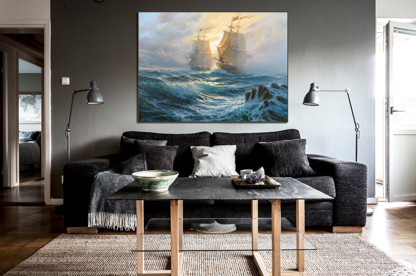 Frigate Seascape Oil Painting: Original Ocean Sunset Art by