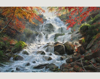 Original Waterfall Oil Painting: Large Landscape Canvas Art by Alexander Shenderov