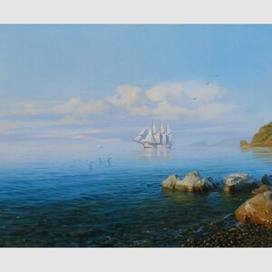 Original Seascape Oil Painting: Coastal Boat Art on Canvas by Alexander Shenderov