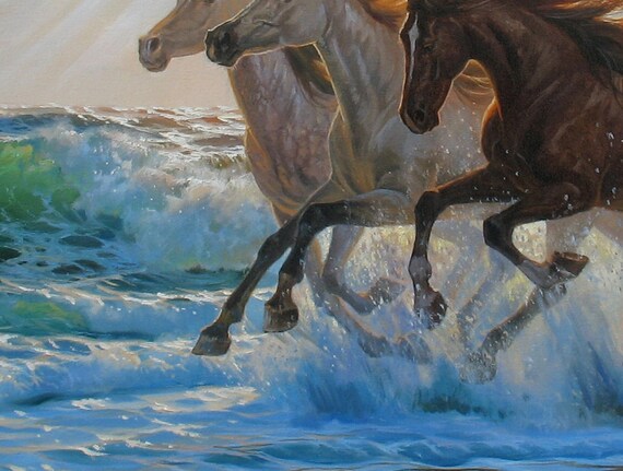 オリジナル油絵：アレクサンダー・シェンデロフ作「走る馬の海景画