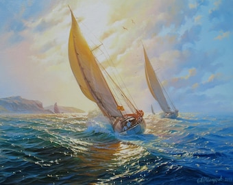 油彩画 船の風景 L. Stoney 油彩画 船の風景 L. Stoney
