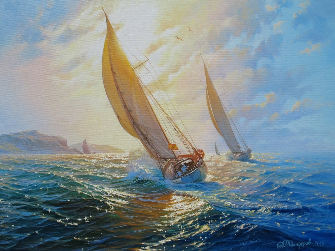 アレクサンダー・シェンデロフによるオリジナルの海景油絵：帆船