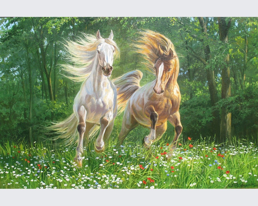 絵画✨️ 草原を駆ける群馬 油彩画 アンティーク フランス オリジナル油絵：アレクサンダー・シェンデロフ作「夏の草原を駆ける馬
