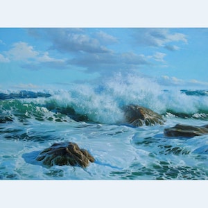 Turquoise Surf Oil Painting: Large Ocean Waves, Beach Wall Art by Alexander Shenderov