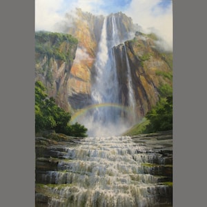 Original waterfall painting by Alexander Shenderov Large landscape Oil painting on canvas  waterfall Angel modern realism