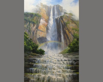 Original Waterfall Oil Painting: Large Landscape Art, Modern Realism by Alexander Shenderov