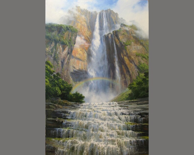 May include: A painting of a large waterfall cascading down a rocky cliff face. A rainbow arches over the waterfall, which is surrounded by lush green foliage.
