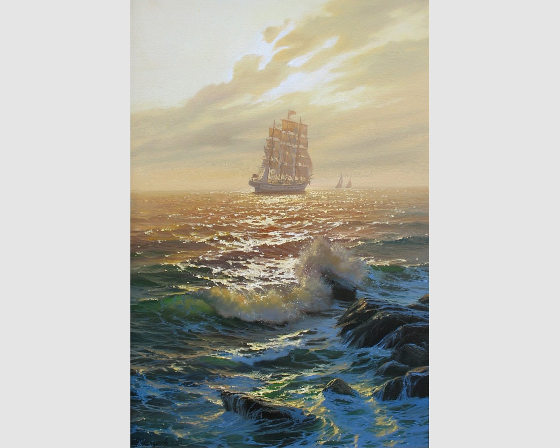 帆船の油絵：アレクサンダー・シェンデロフによるキャンバスの海景画
