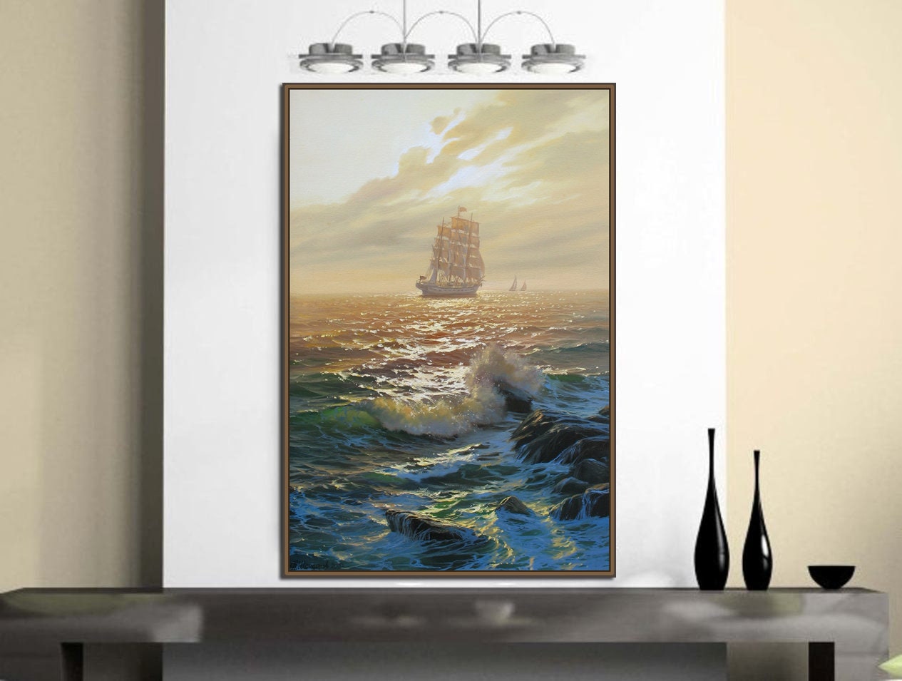帆船の油絵：アレクサンダー・シェンデロフによるキャンバスの海景画