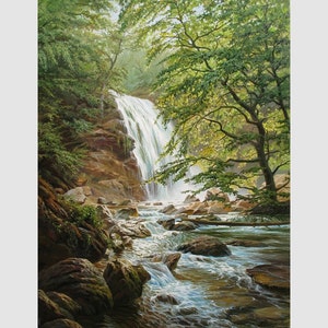 May include: A painting of a waterfall cascading down a rocky cliffside, surrounded by lush green trees. The water flows into a stream below, with rocks and fallen branches scattered throughout.