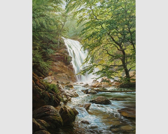Original Waterfall Oil Painting: Large Green Landscape Art on