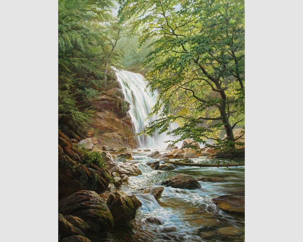 Original Waterfall Oil Painting: Large Green Landscape Art on
