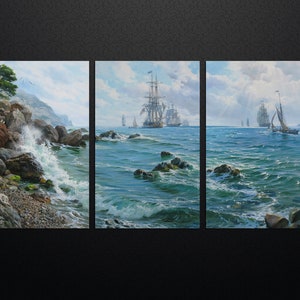 Large ship painting by Alexander Shenderov ocean painting original oil painting on canvas seascape art beach painting sail boat painting