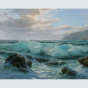 Beach oil painting original large by Alexander Shenderov blue oil painting on canvas seascape painting waves ocean painting sea painting