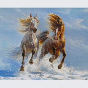 Lopende paarden olieverf doek groot door Alexander Shenderov lopende paarden muur kunst originele paard schilderij paard kunst doek dierlijke kunst