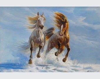 Running horses oil painting canvas large by Alexander Shenderov running horses wall art original horse painting horse art canvas animal art