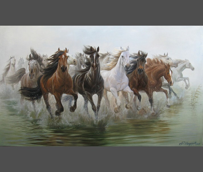 HORSE 油絵アート Large Original Oil Painting: Wild Horse Herd by Alexander