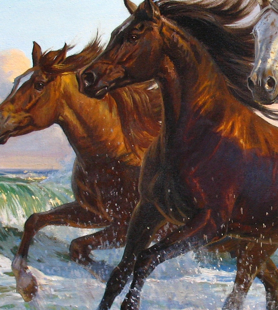 Original Arabian Horses Oil Painting: Large Canvas Seascape by