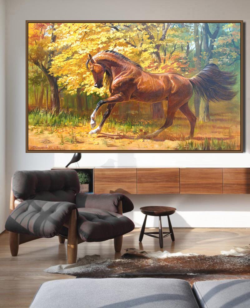 Original Horse Oil Painting on Canvas: Autumn Landscape Art by