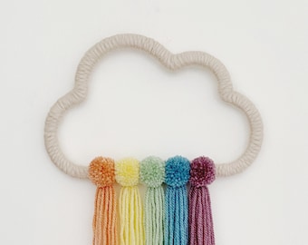 Muted Rainbow Cloud Pom Pom Wall Hanging: rainbow wall decor, nursery decor, cloud dreamcatcher, mini pom pom