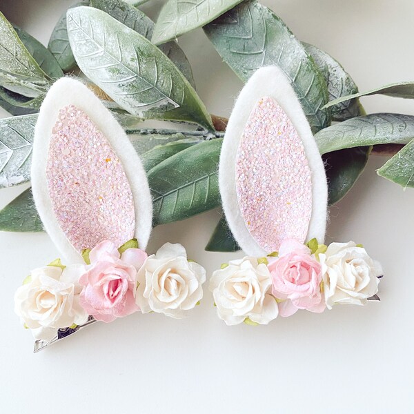 Easter Bunny Ear Pigtail Clips, Flower Crown, Easter Hair Clips, Girls Clips, Rabbit Ears, Bunny Clips