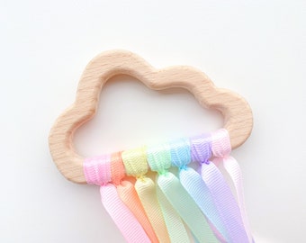 Pastel Cloud Rainbow Ring, Sensory Ribbon Ring, Montessori, Waldorf, Wooden, Hand Kite, Fidget