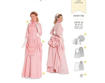 May include: A sewing pattern for a pink and white polka dot dress with a bustle. The pattern is for sizes 10-22 and includes instructions for a matching jacket, a white blouse, and a black skirt. The pattern is from Burda Style and is labeled "History 1888".