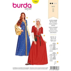 May include: A sewing pattern for a medieval dress and bonnet. The pattern includes two styles: a blue dress with gold trim and a red dress with a brown belt. The pattern is for sizes 10-28.