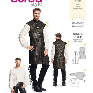 Puede incluir: Un patrón de costura Burda Style, número 6399, con ropa de estilo renacentista. El patrón incluye un chaleco largo con detalles dorados y negros, una blusa blanca con mangas abullonadas y otras opciones de prendas. El nivel de dificultad es "media."