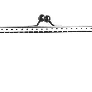 May include: A silver-colored metal purse frame with a rectangular shape. The frame has a series of small holes along the top and sides for sewing. It features a clasp with two round, decorative balls and two metal loops for attaching a chain or handle.
