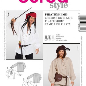 Puede incluir: Un patrón de costura para una camisa de pirata. El patrón incluye instrucciones para hacer una camisa blanca con cuello fruncido y mangas largas. El patrón está disponible en tallas 48 a 58. El patrón también incluye instrucciones para hacer una camisa marrón con cierre de encaje y mangas largas. El patrón está disponible en tallas 38 a 48.