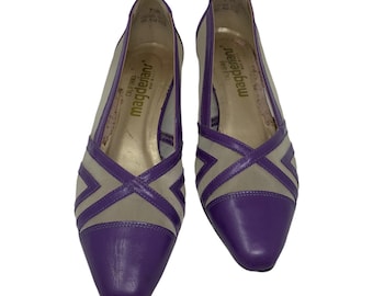 Zapatos vintage de cuña de Magdesians California, de malla y cuero morado, talla 7.5