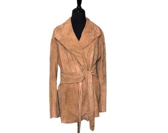 Goosecraft beige tan leather suede belted coat size M