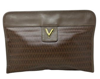 Valentino brown leather V pattern clutch bag