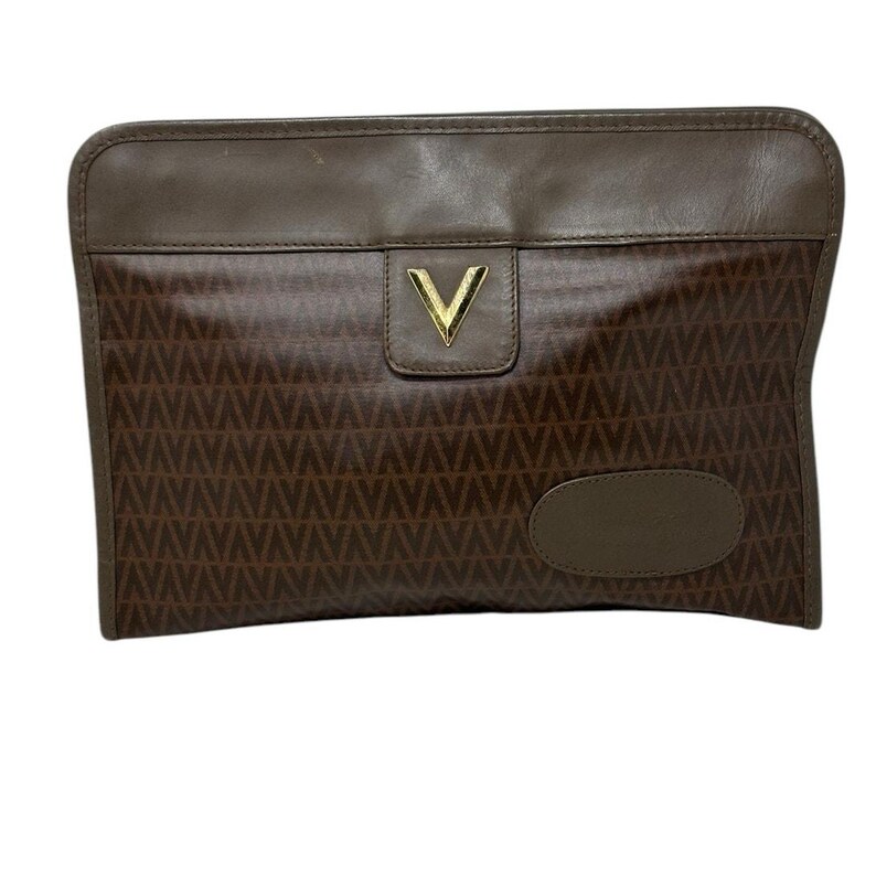 Bolso de mano Valentino de piel marrón con estampado en V. imagen 12