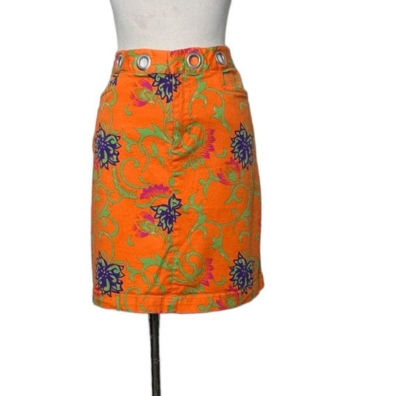 Metro Style Y2K orange blue floral denim mini ski… - image 1