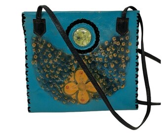 Hand Made Aqua Floral Leather Messenger Handbag
