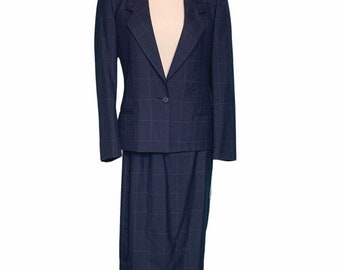 Austin Reed vintage navy blue plaid skirt and blazer suit set size XS