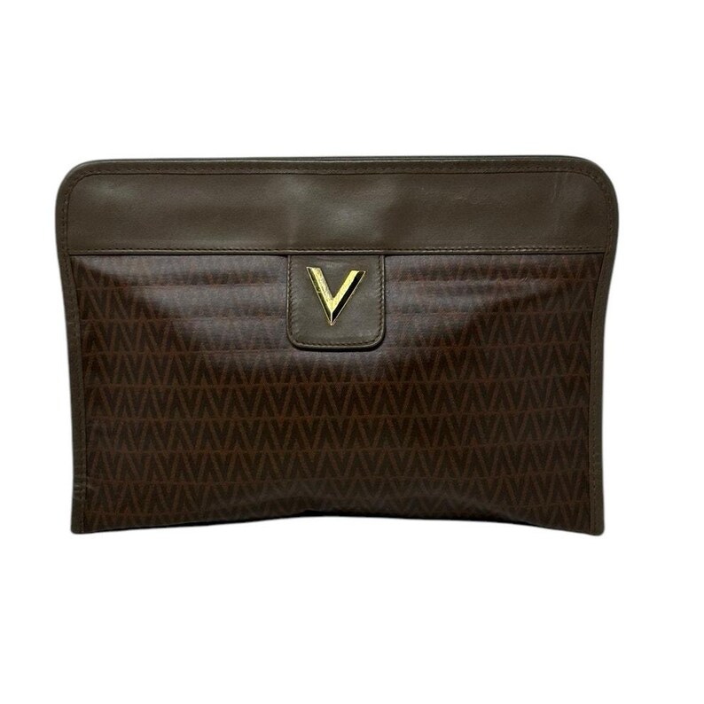 Bolso de mano Valentino de piel marrón con estampado en V. imagen 14