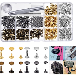 May include: A clear plastic box filled with various sizes and colors of metal rivets, studs, and grommets. The box also includes a tool for setting the rivets. The rivets are shown being used on different clothing items, including a denim jacket, a leather jacket, and a handbag.