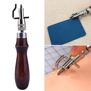 May include: A leather stitching tool with a wooden handle and a metal stitching awl. The tool is used to create stitches in leather goods.