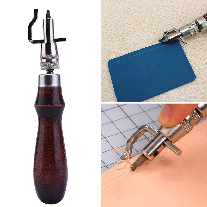 May include: A leather stitching tool with a wooden handle and a metal stitching awl. The tool is used to create stitches in leather goods.