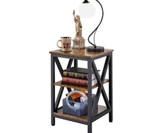 End Table for Living Room X Shape Small Wood and Metal 3 Tier Side Table