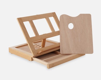 Adjustable Wood Tabletop Desktop Box Easel for Artists with Built-in Palette