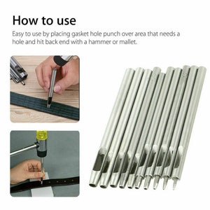 May include: Set of ten silver metal hole punches for leather crafting. The punches are arranged in order of size, with the smallest punch on the right and the largest punch on the left. The punches are used to create holes in leather for stitching, lacing, or other decorative purposes.