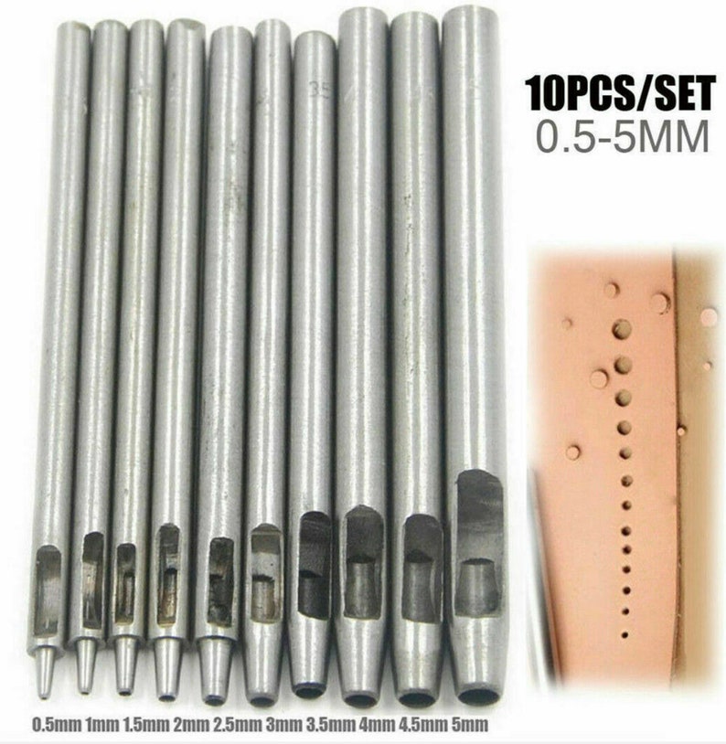 May include: Set of 10 silver metal leather hole punches, ranging in size from 0.5 mm to 5 mm. The punches are arranged in order of size, with the smallest punch on the left and the largest punch on the right. The text "10PCS/SET 0.5-5MM" is printed on a white background.