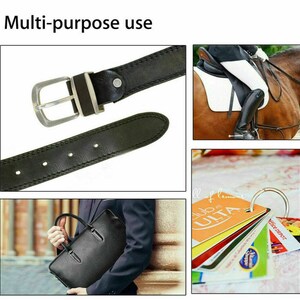May include: A black leather belt with a silver buckle and a metal ring. The belt is shown being used in different ways, including as a belt for a pair of pants, a strap for a briefcase, and a holder for a set of cards.