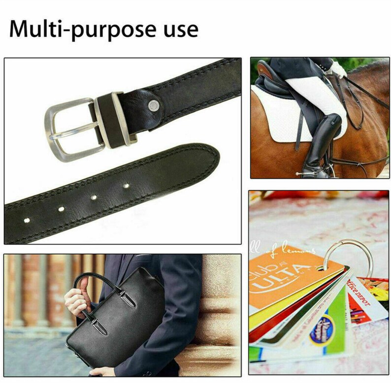 May include: A black leather belt with a silver buckle and a metal ring. The belt is shown being used in different ways, including as a belt for a pair of pants, a strap for a briefcase, and a holder for a set of cards.