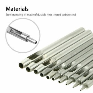 May include: A set of 10 silver metal hole punch tools with different sized holes. The tools are made of durable heat treated carbon steel.  Materials: Steel stamping kit made of durable heat treated carbon steel.